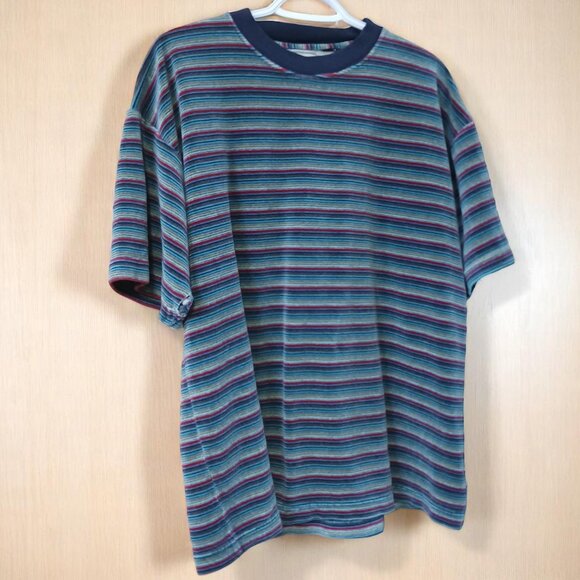Vintage B2B Other - Vintage 90s BTB Striped Velour Shirt | Mens L-XL | Juicy Era Soft Crewneck Tee